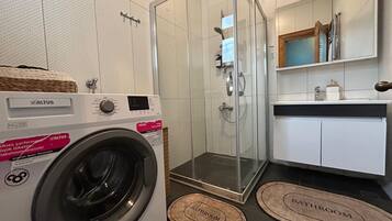 Hair dryer, bidet, towels, soap
