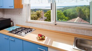A kitchen with a gas stove, a bowl of fruit, and a view of a green landscape through a window.
