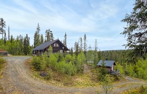 A cabin with a dark wooden exterior, surrounded by dense forest and a gravel path leading to it.