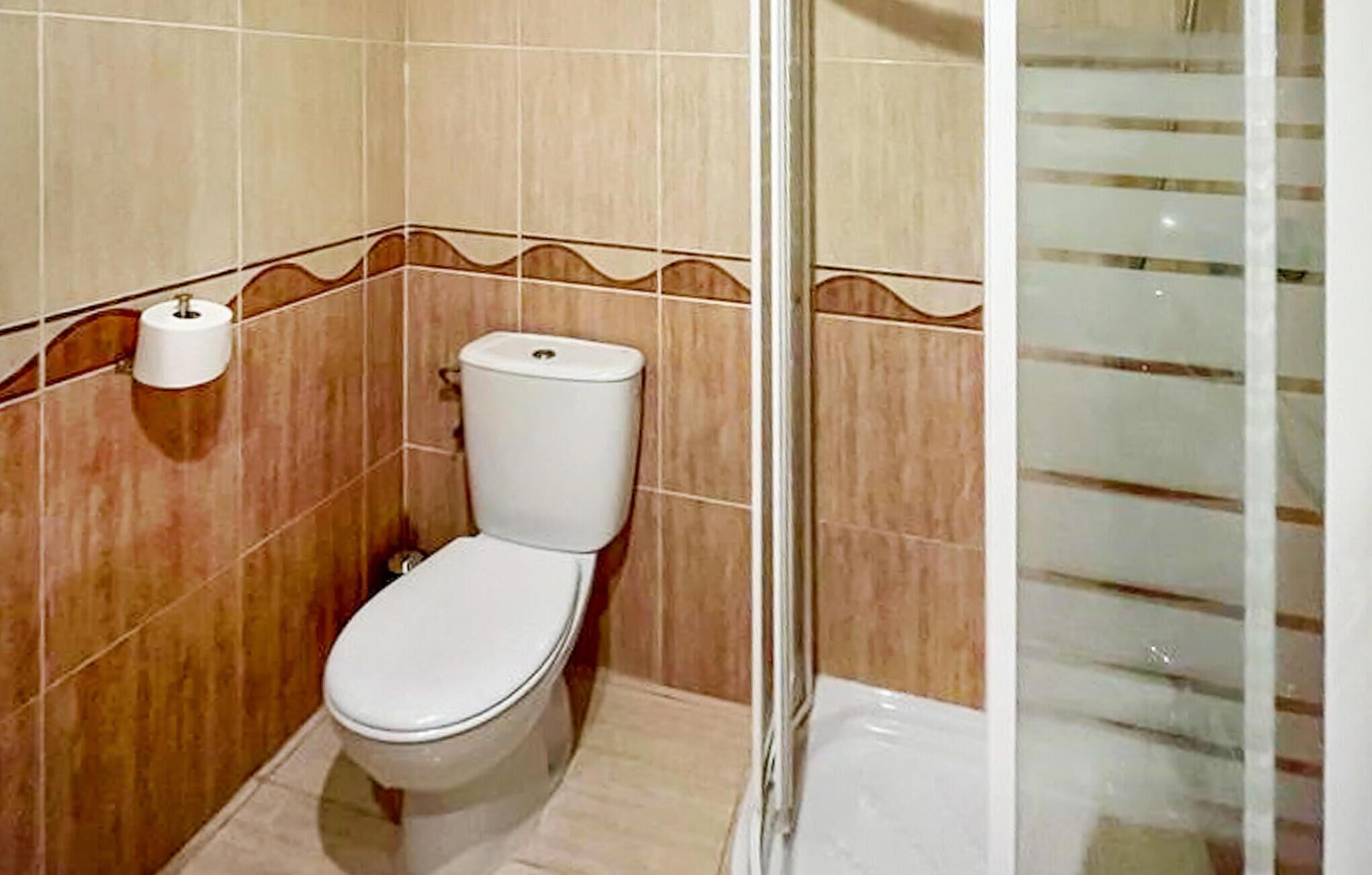 Een badkamer met een toilet, toiletpapier en een douche.