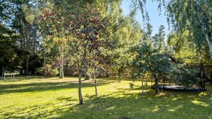 Un parc avec des arbres, de l’herbe et une aire de jeux avec des balançoires.