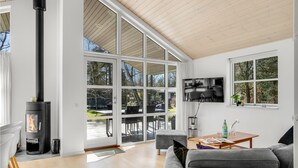 Un salon moderne doté d’un poêle à bois, de grandes fenêtres, d’un téléviseur à écran plat et d’un coin salon confortable.