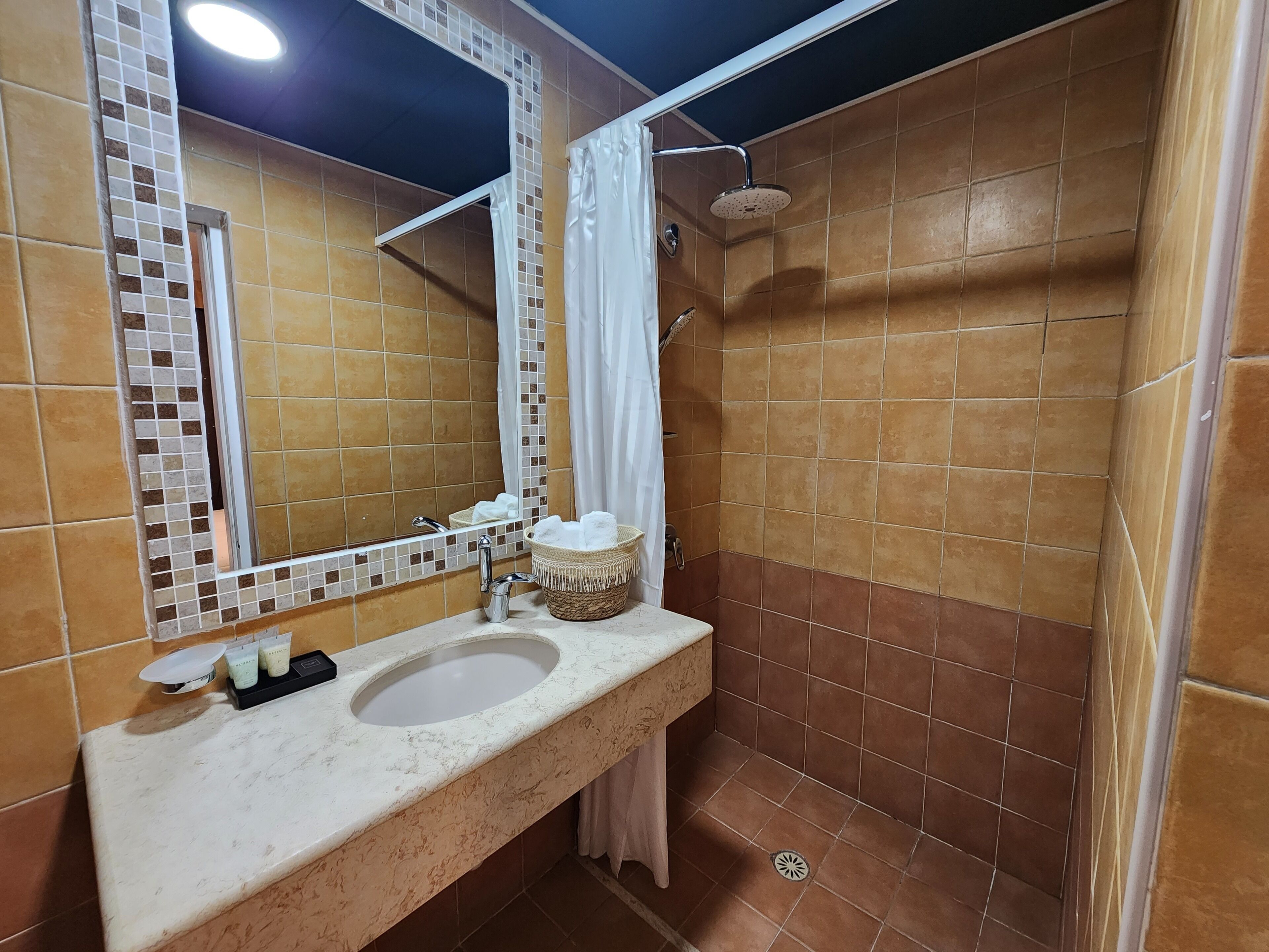 Un baño con lavabo, espejo, ducha y paredes de azulejos.
