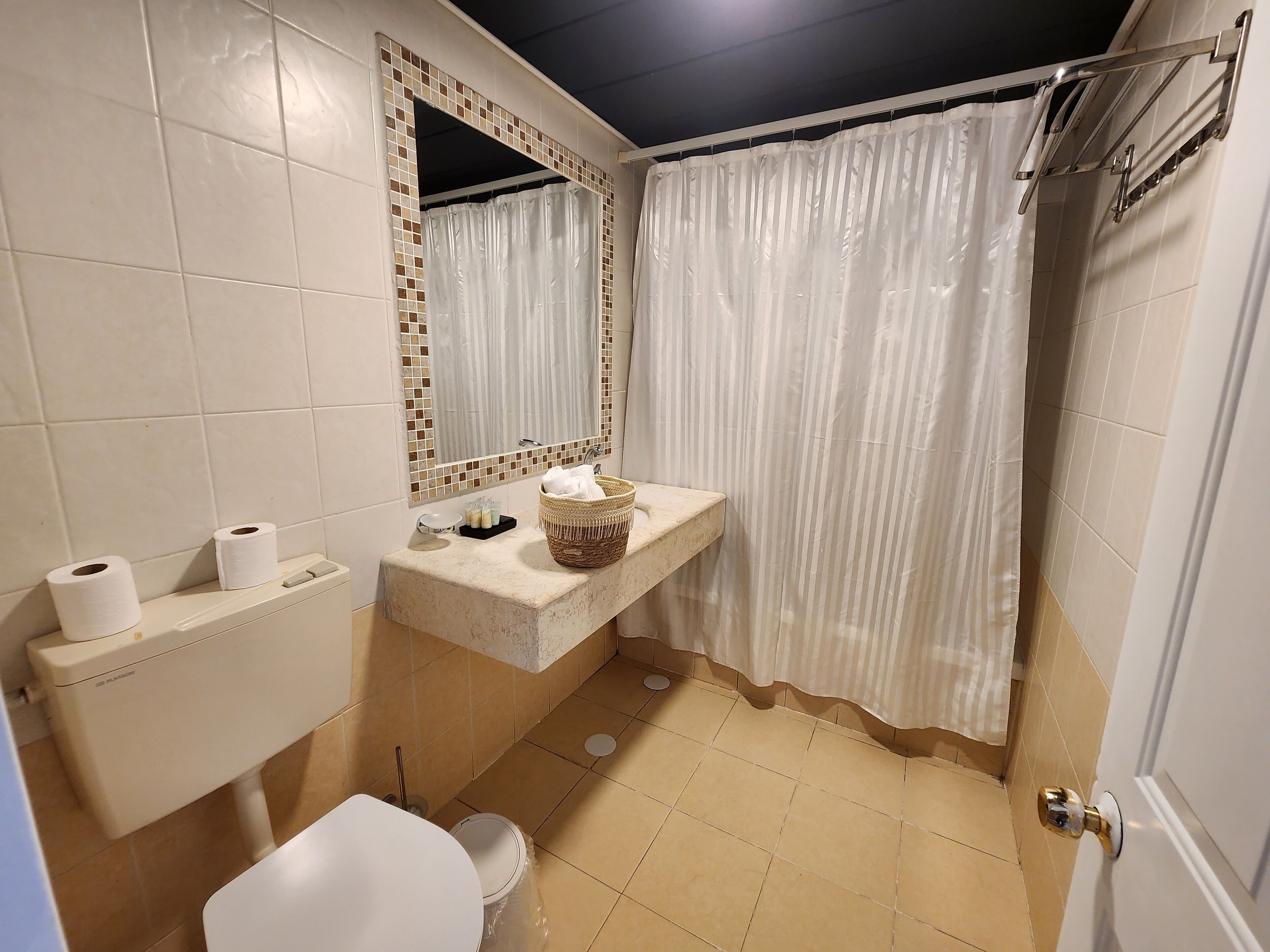 A bathroom with a toilet, sink, and shower curtain.