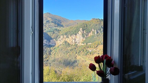 Ein Fenster mit Blick auf eine Berglandschaft.