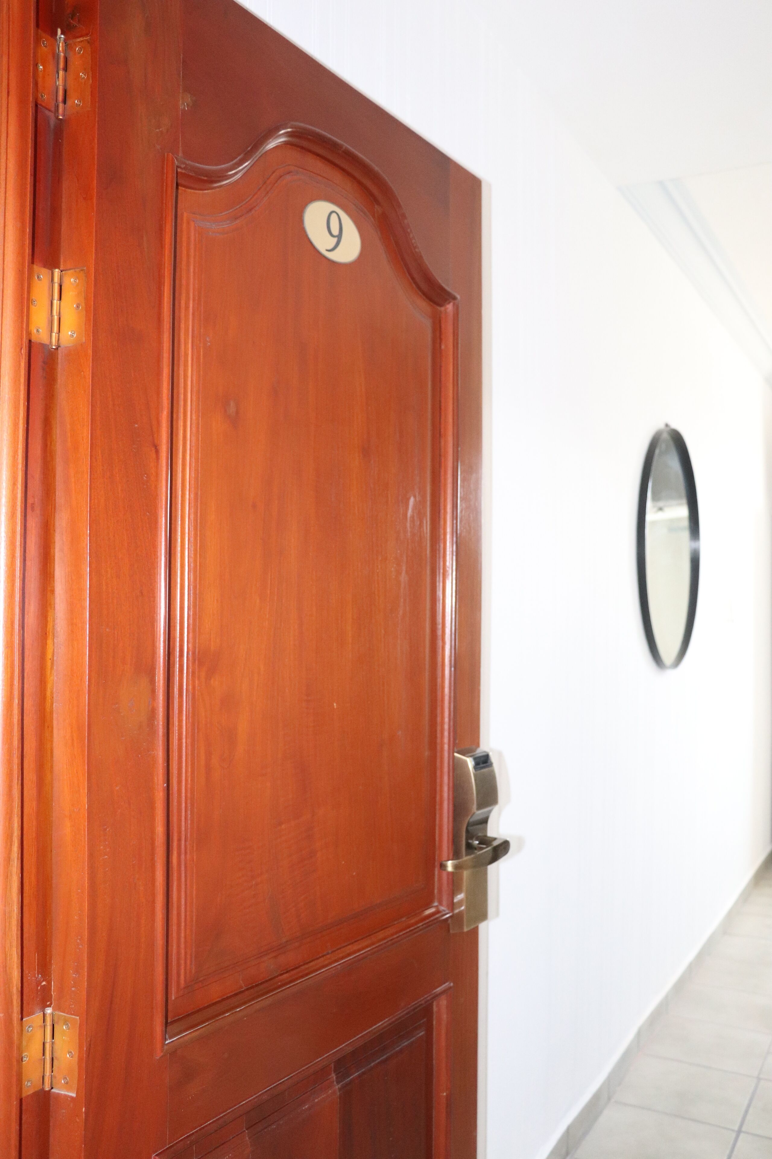 A wooden door with a number '9' on it, a metallic handle, and a mirror on the wall.