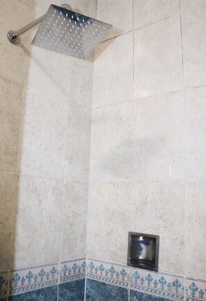 Shower, rainfall showerhead, towels, soap