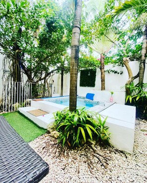 Relax by the serene pool surrounded by lush greenery and a variety of plants.