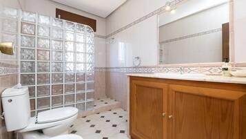 Shower, hair dryer, bidet, towels