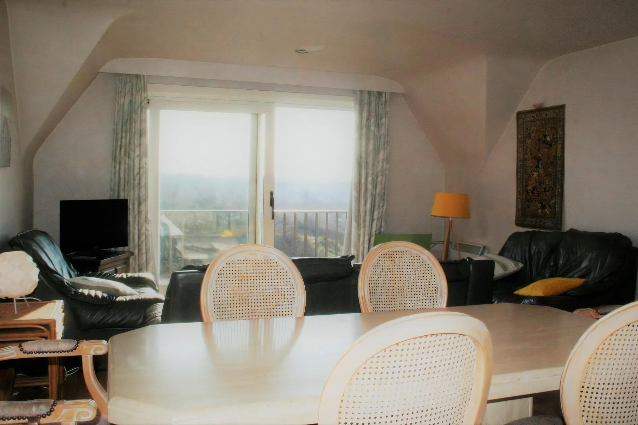 Un salon comprenant une table à manger, des chaises, un canapé, un téléviseur et une fenêtre avec des rideaux.