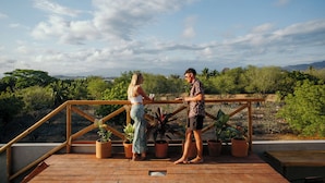 Terraza de madera con plantas en macetas y barandilla, con vistas a un paisaje de árboles y montañas.