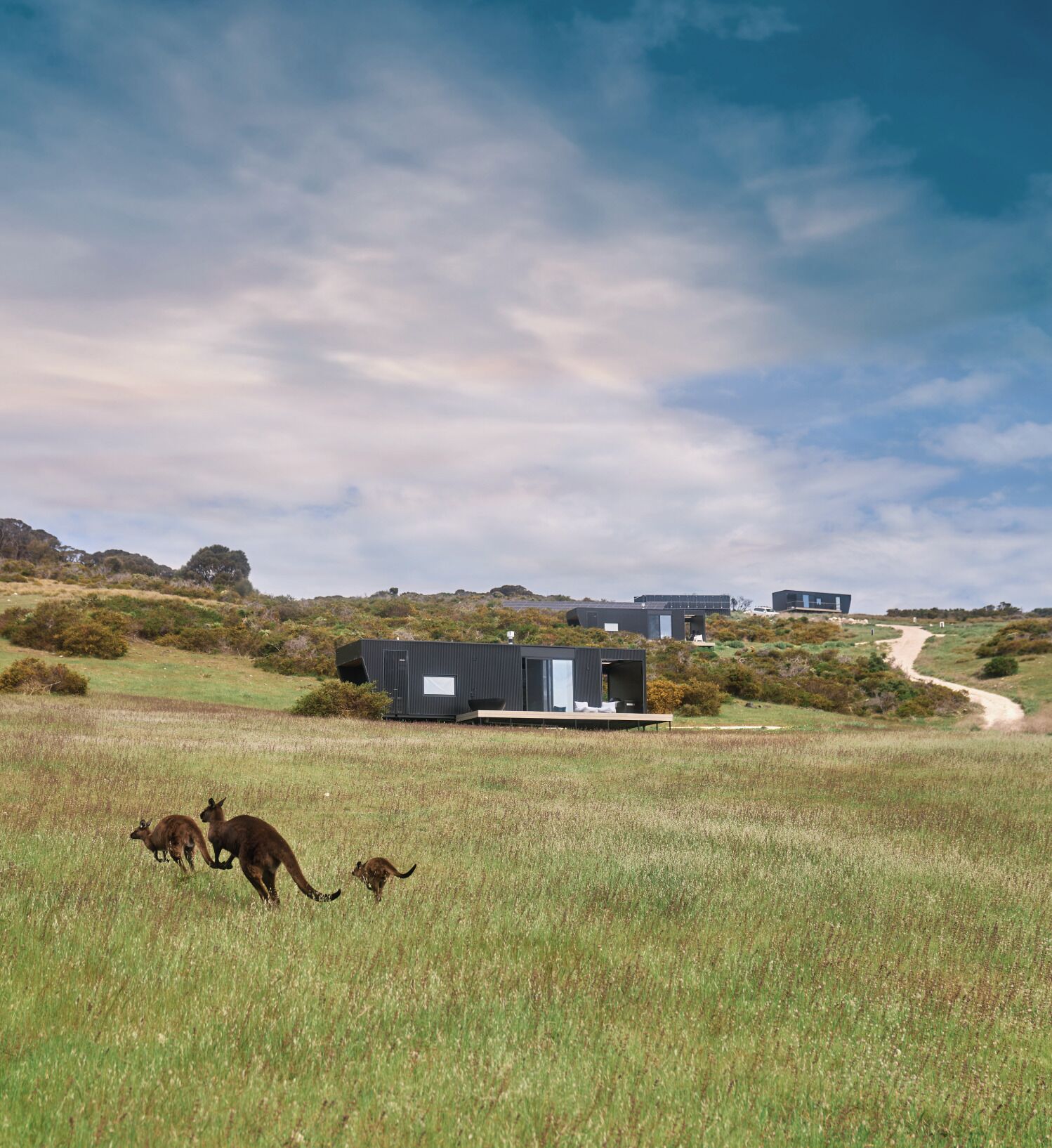 Una casa moderna con terraza, rodeada de un campo cubierto de hierba y colinas.