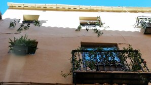 Ein Gebäude mit zwei Fenstern und Metallgitter, einem Balkon mit Pflanzen und einem Fenster mit blauem Rahmen.