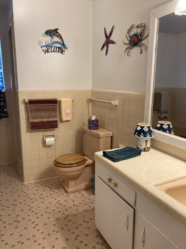 Un baño con inodoro, lavamanos y armario. Se observan estrellas de mar decorativas y un pájaro en la pared.
