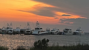 Een jachthaven met verschillende jachten afgemeerd bij zonsondergang.