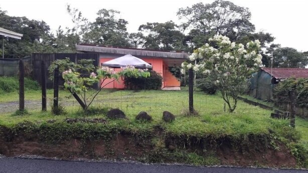 Un barrio residencial con una casa, un pequeño jardín y una calle.