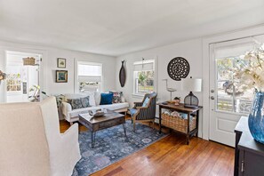 Smart TV, fireplace, books