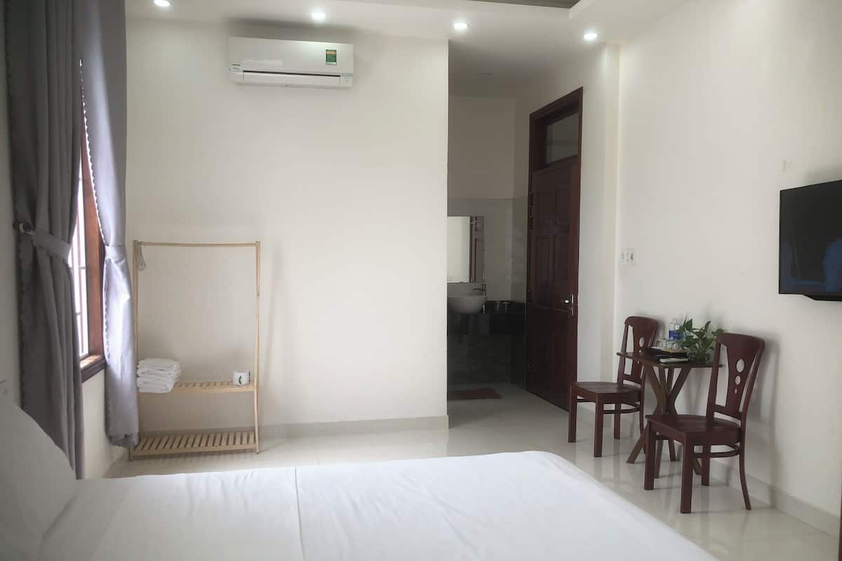 A hotel room with a bed, a wooden chair, a table with a plant, and an air conditioning unit.