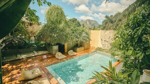 Un espace piscine doté d’une terrasse en bois, de chaises longues et de diverses plantes.