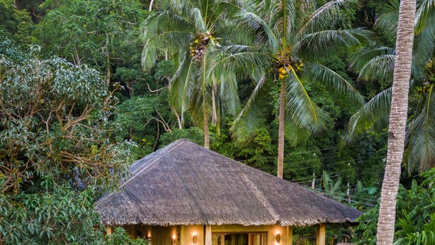 Un bungalow au toit de chaume, doté d’un balcon et entouré d’une végétation tropicale luxuriante.