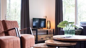 A modern living room with a sofa, a TV, a lamp, and a coffee table. - Great chalet on park Drentheland (Zorgvlied)