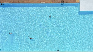 Una piscina con agua azul cristalina, un trampolín y un muro de ladrillo.