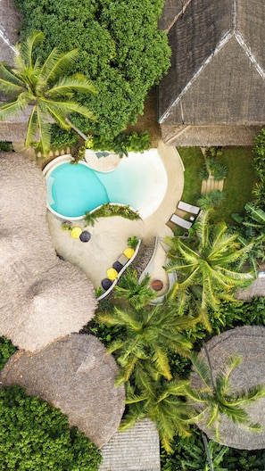 Vista aérea de un resort con una gran piscina rodeada de palmeras y construcciones de techo de paja.