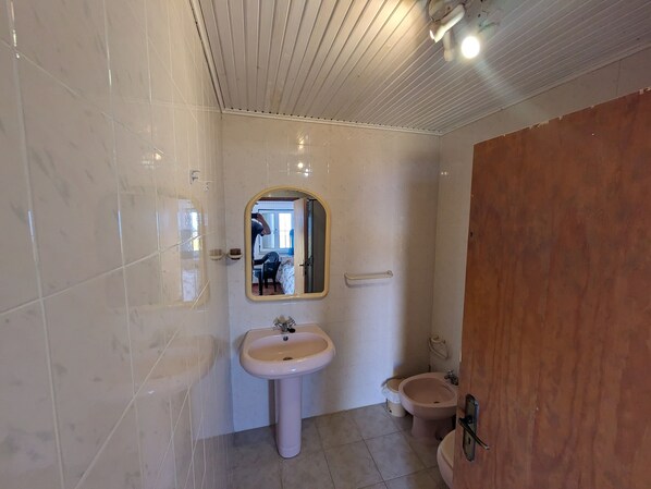 A bathroom with a pedestal sink, a mirror, a toilet, and a bidet.