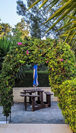 Outdoor dining - Best location- Harbour and promenade,  2BR/2 baths apartment with private garden (Paphos)