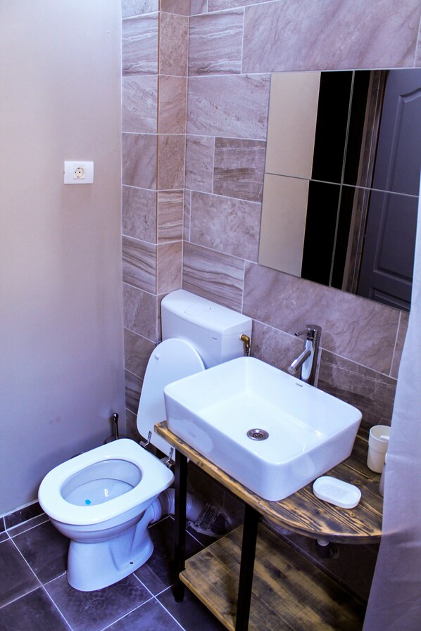 A compact bathroom with a toilet, sink, and mirror. - Big apartment next to old Town 3Bedroom 3Bathroom (București)