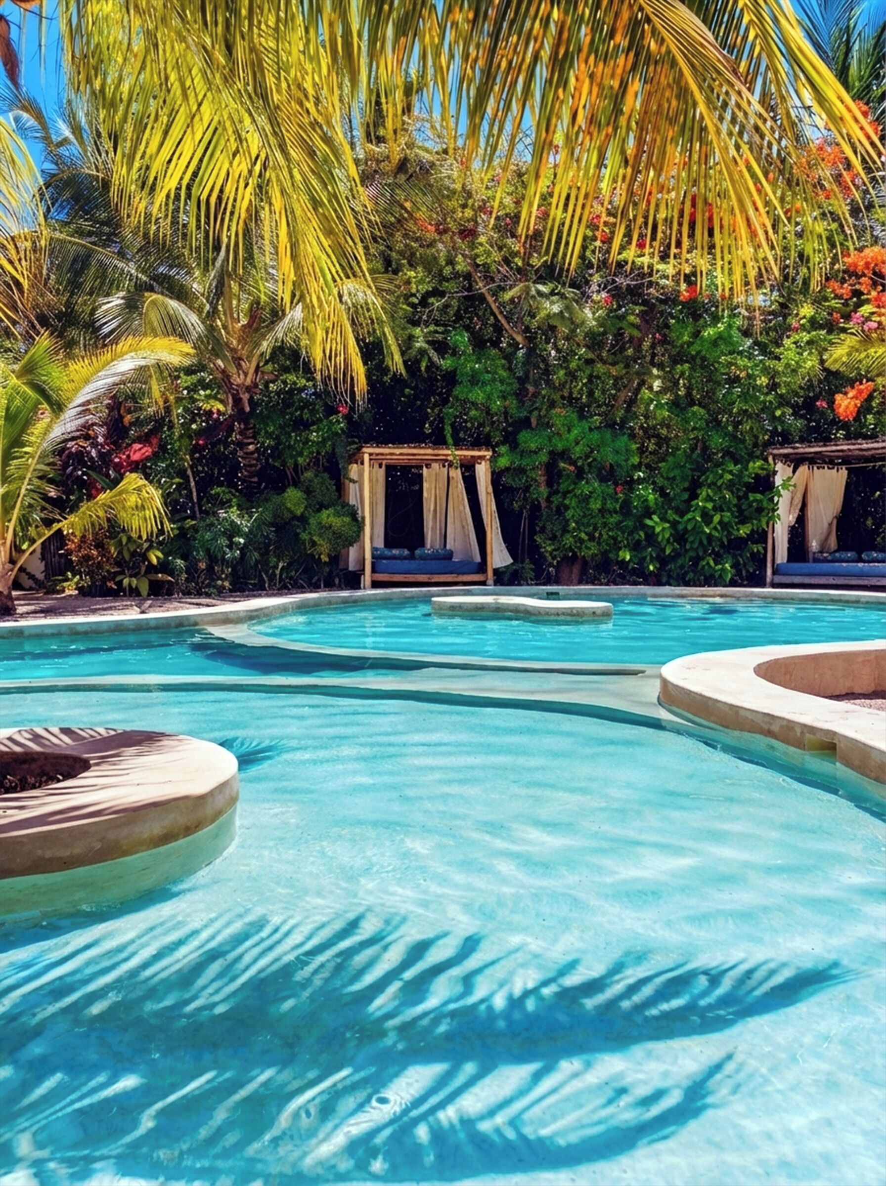 Una piscina cristalina con cubierta de madera y una silla hamaca, rodeada de vegetación exuberante y palmeras.