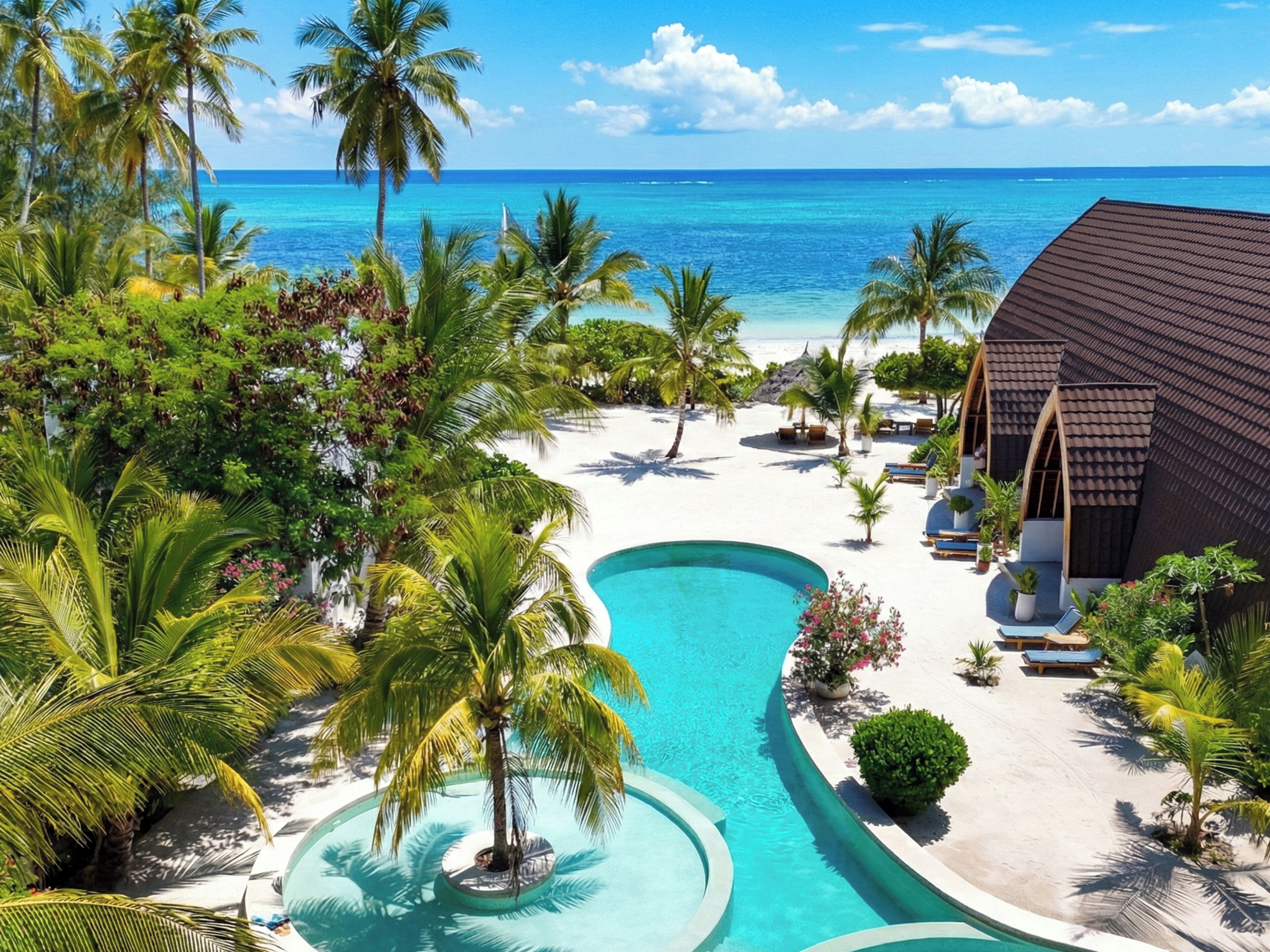 Hồ bơi ngoài trời, dù/ô trên bãi biển/hồ bơi, ghế dài tắm nắng 