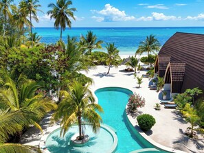 Outdoor pool, pool umbrellas, pool loungers
