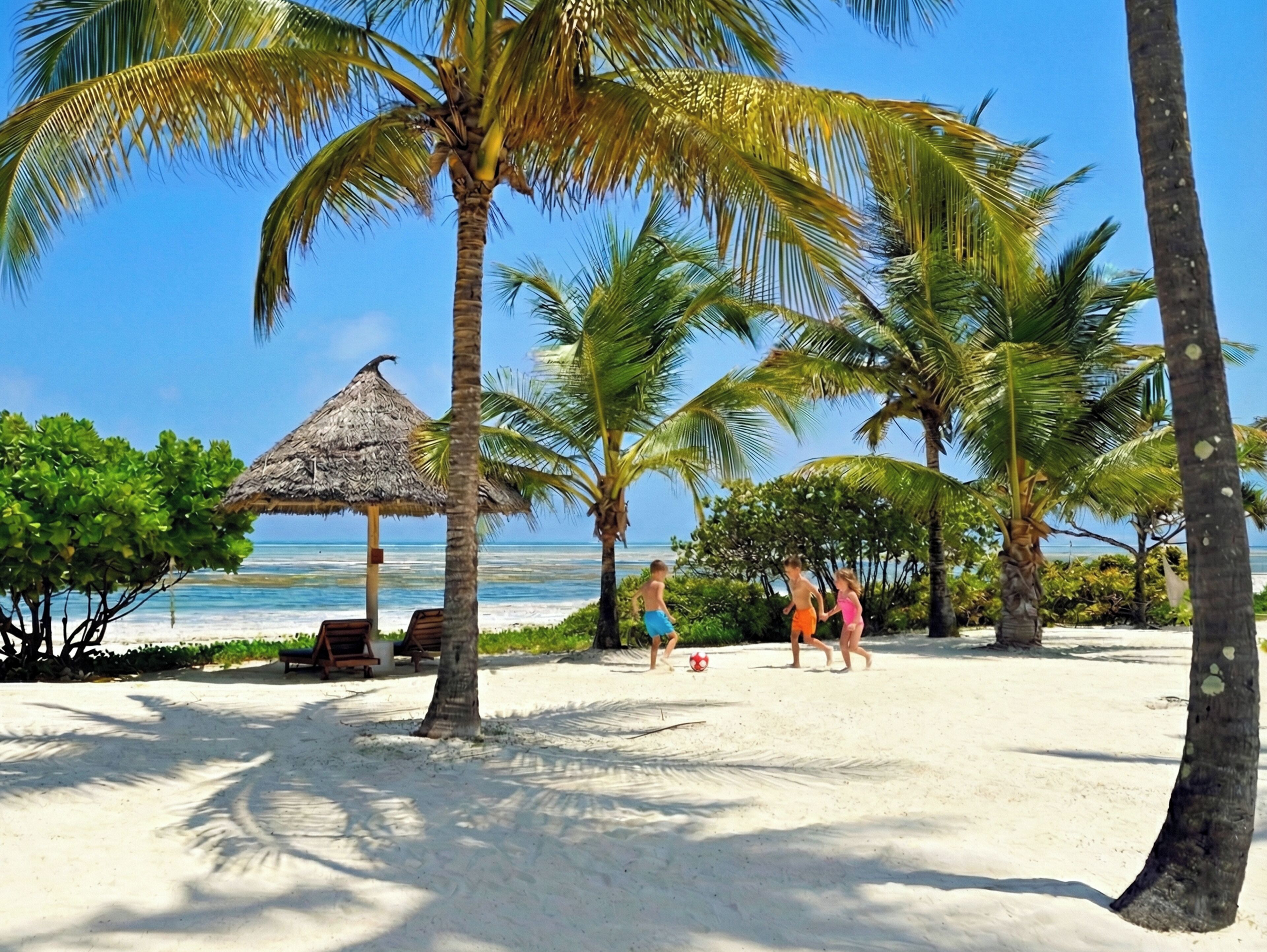 On the beach, white sand, sun loungers, beach umbrellas