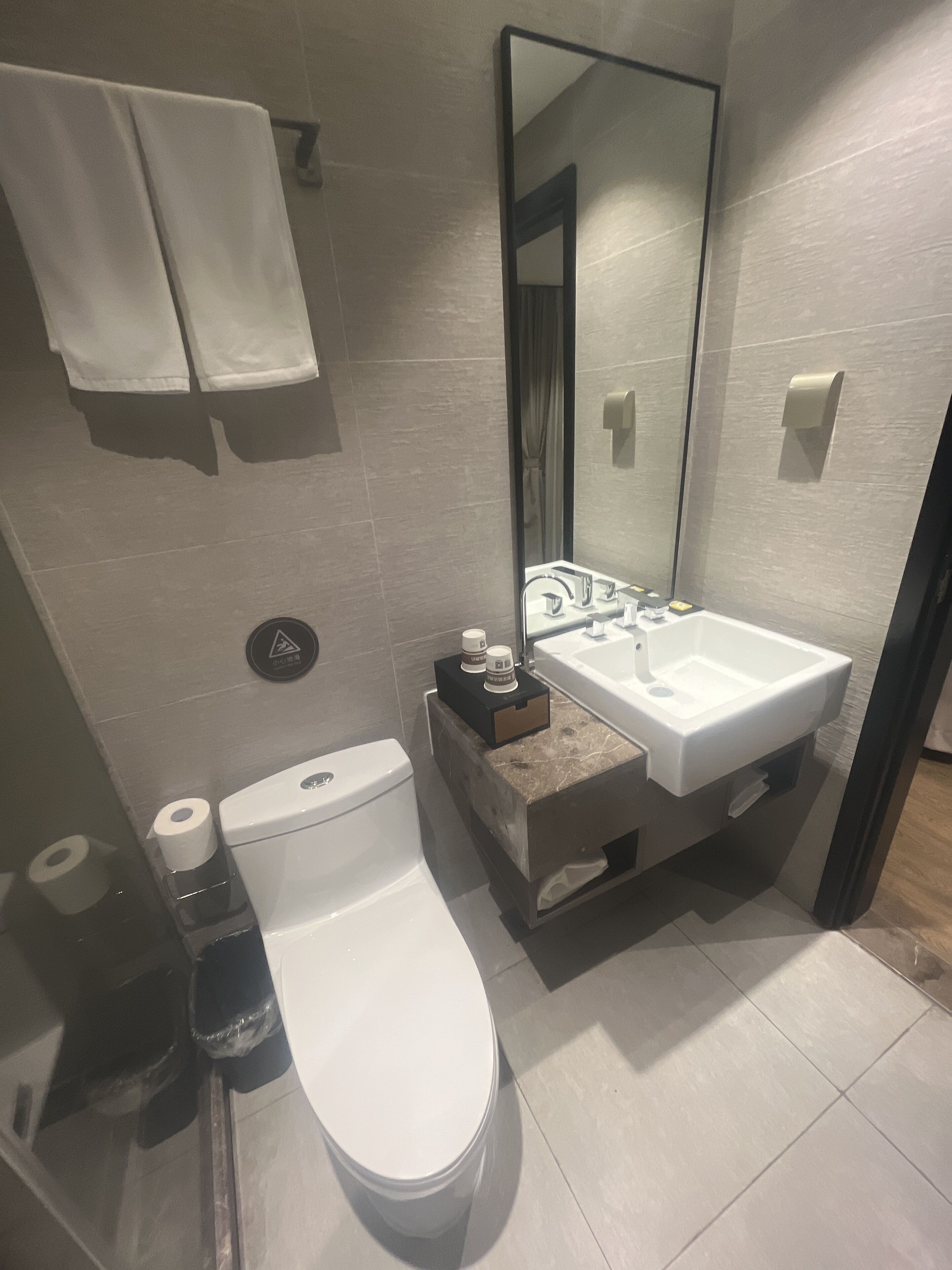 Une salle de bain moderne avec des toilettes, un lavabo et un miroir. Des serviettes sont accrochées au mur et une poubelle se trouve à côté des toilettes.