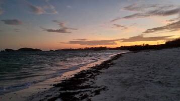 En strand med sandstrand och stilla vatten.