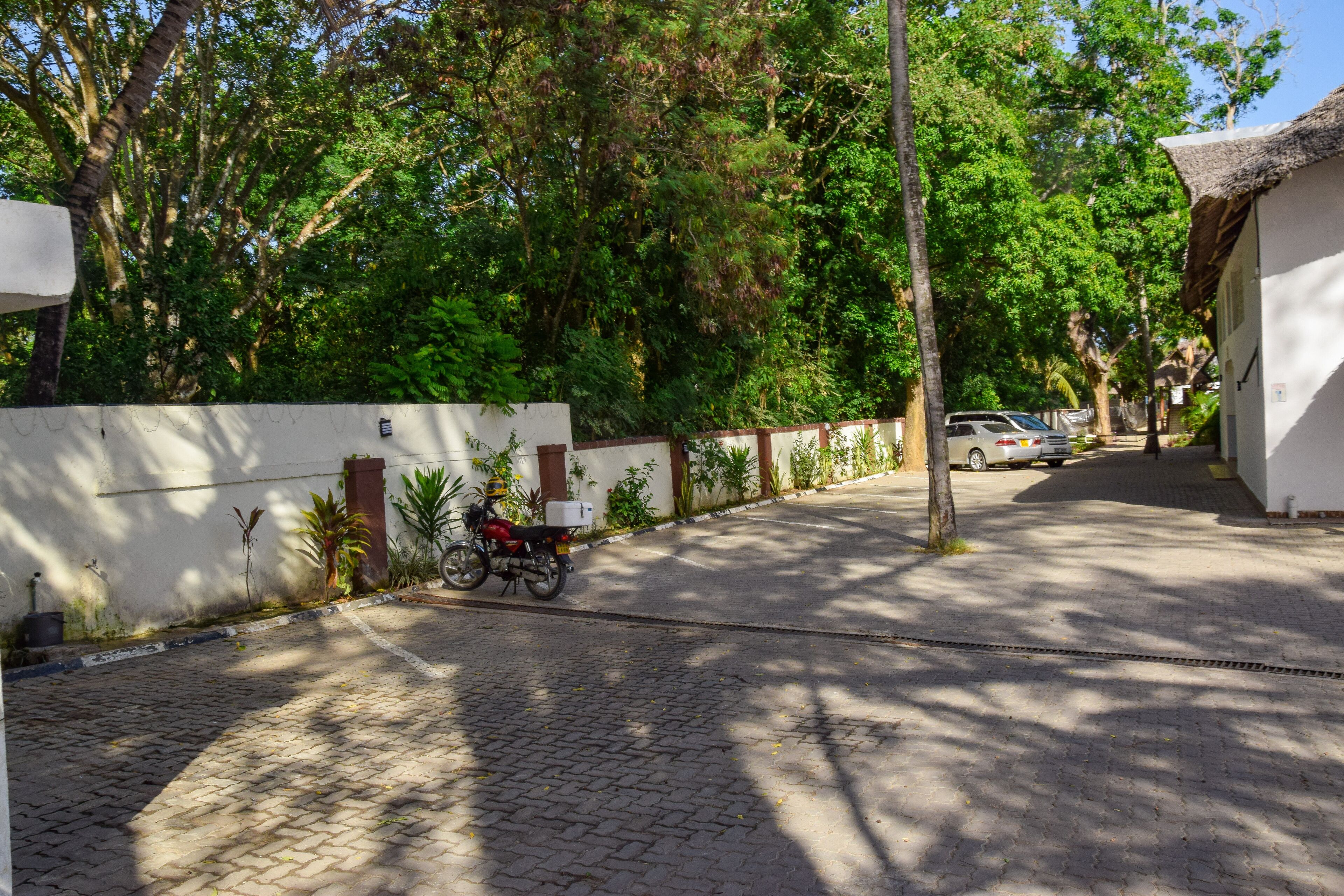 A paved street lined with trees and a parked motorcycle.
