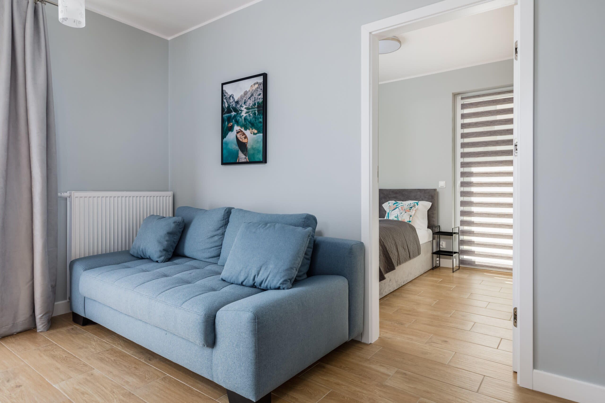 Een moderne woonkamer met een grijze bank, een radiator en een ingelijst kunstwerk aan de muur.