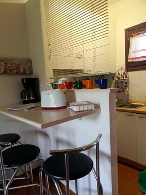 A kitchen with a bar area, a coffee maker, colorful cups, and a sink. - Flower House (San Macario in Piano (LU))