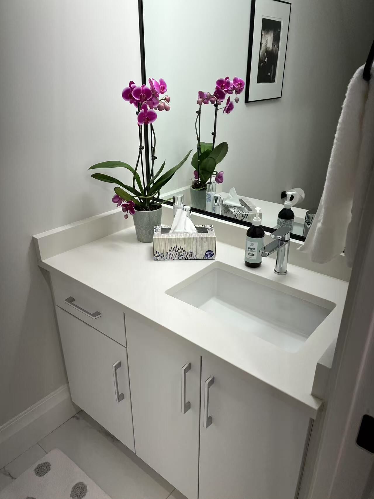 Un baño con un lavabo blanco, un espejo, un perchero para toallas y una orquídea en maceta.