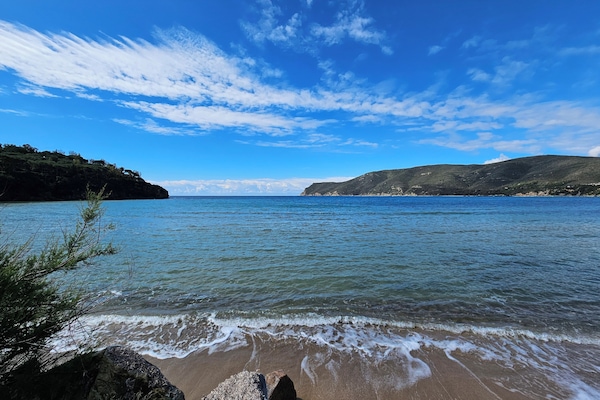 På stranden, hvit sand og 2 strandbarer