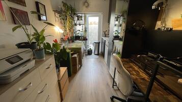 Fridge, microwave, electric kettle, toaster