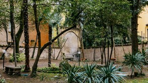A garden with various plants and a stone bench.