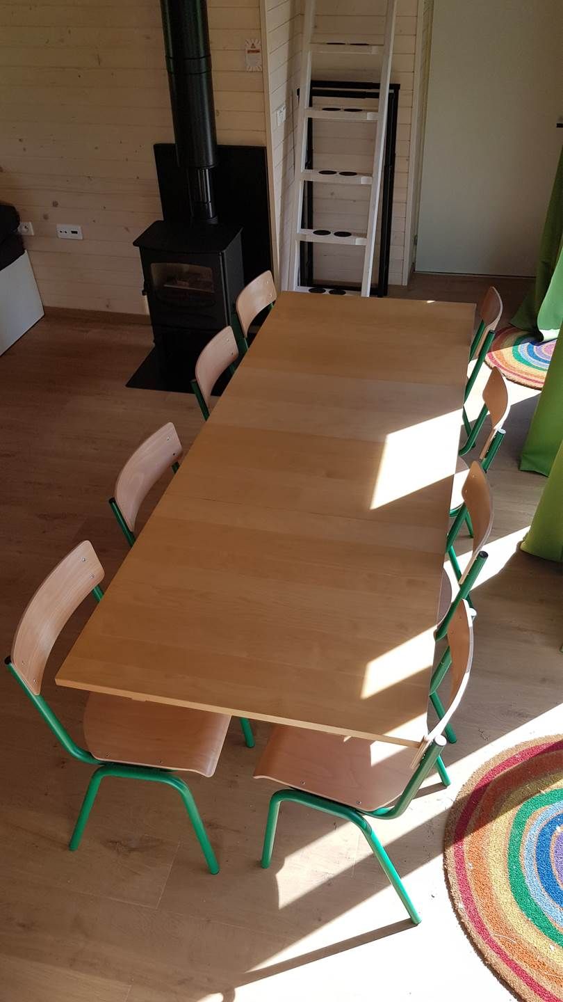 Une longue table en bois, des chaises en métal vert, un poêle noir et une échelle en bois dans une pièce aux murs en bois et au sol carrelé.