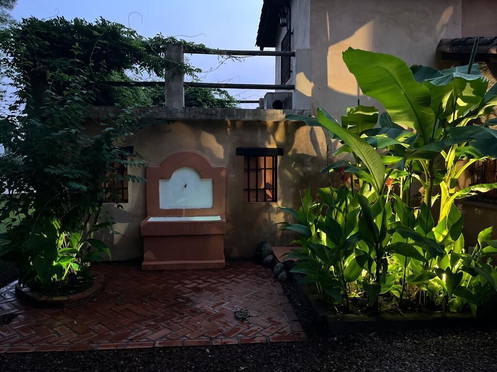 A courtyard with a brick pathway, a white bench, and lush green plants.