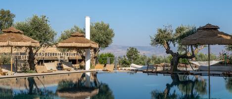 Outdoor pool, pool umbrellas, sun loungers