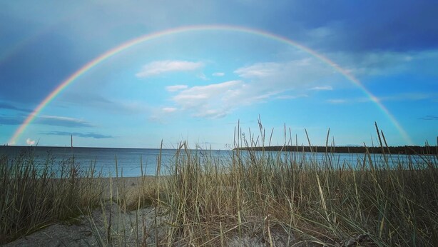 A beach with a rainbow over the water and grassy dunes. - Villa Vitviken Sleeps 4 With Pool (Slite)