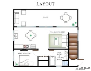 A layout of a hotel room with a king bedroom, full bathroom, full sleeper sofa, and a deck.