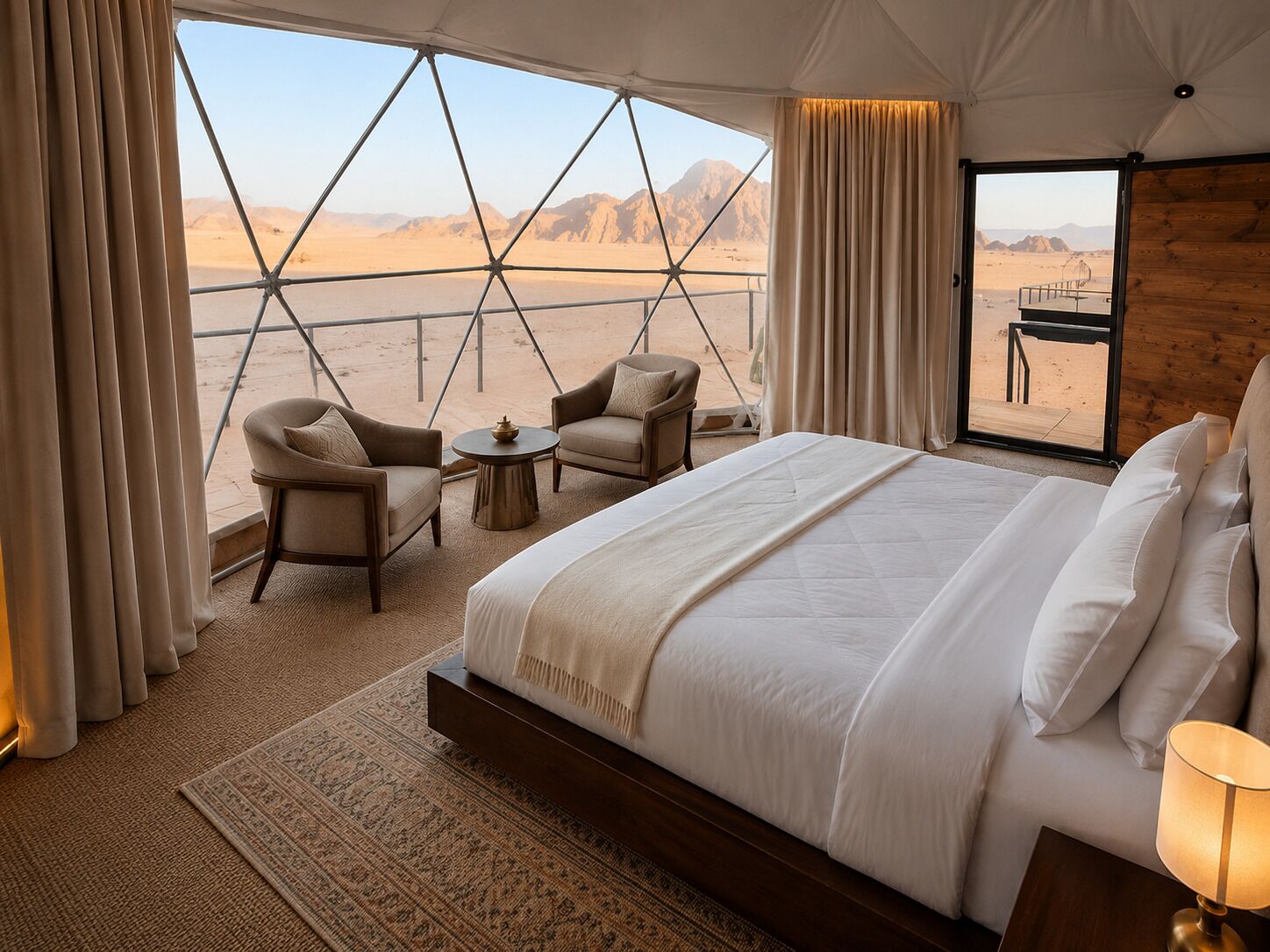 A bedroom with a large bed, two armchairs, a small table, and a view of a desert landscape through a geometric window structure.