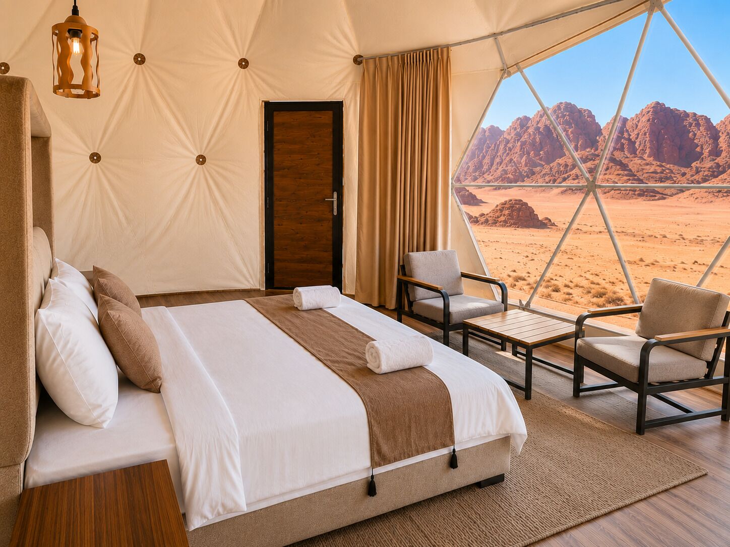 A tented room with a bed, two chairs, a wooden table, and a view of a desert landscape.